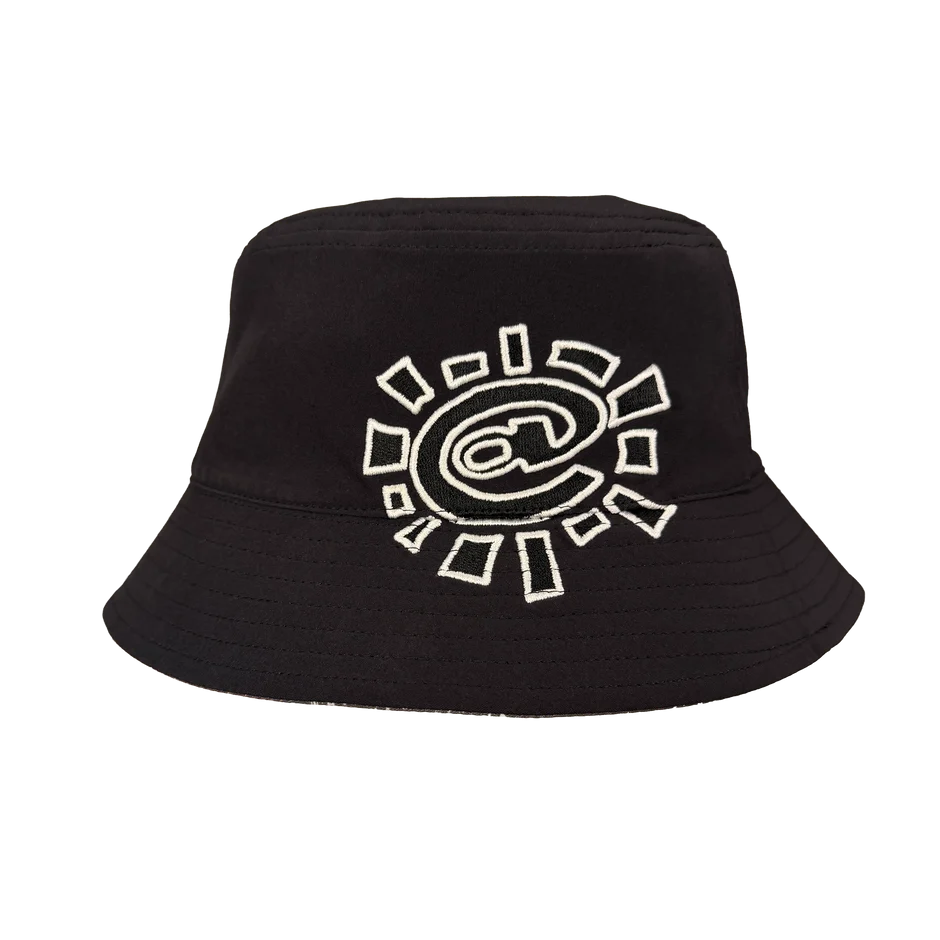 Always Do What You Should Do @Sun Reverisble Cross Plaid Bucket Hat in Grey / Black, reverse side of the hat with a large white sun graphic