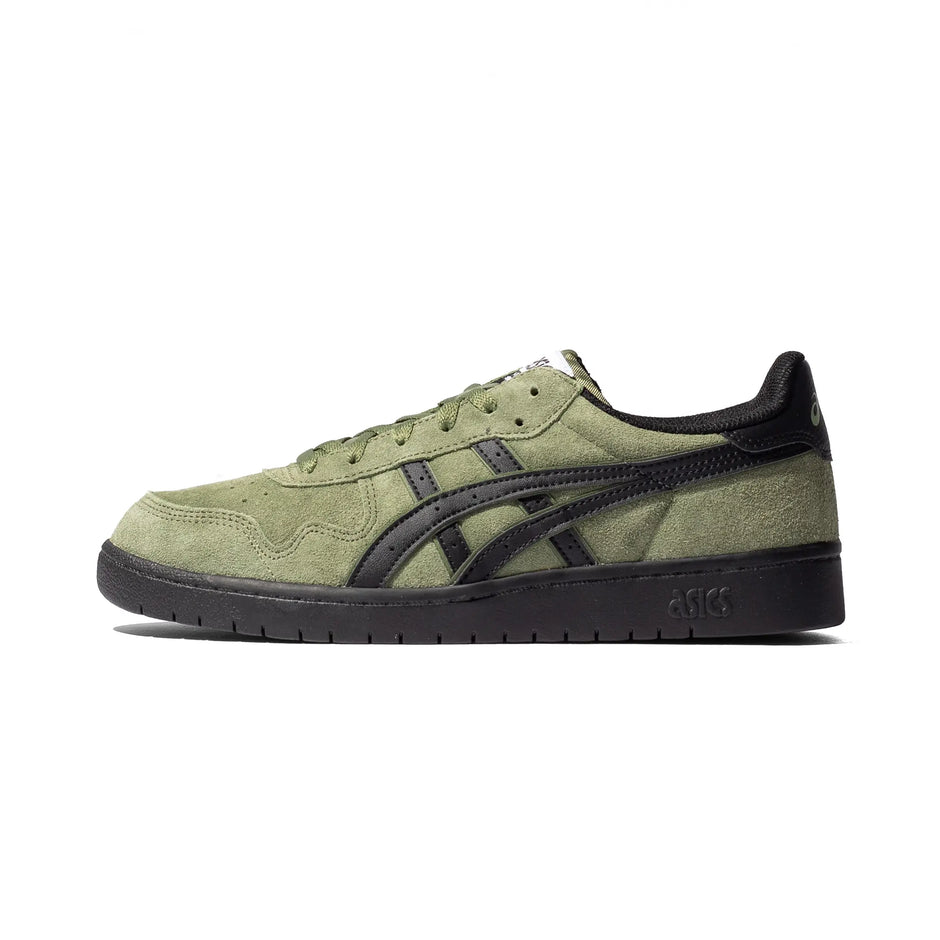 ASICS Japan Pro in Moss / Black, side view with green upper, black stripes and black sole.