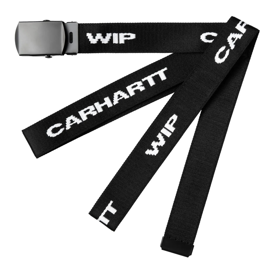 Carhartt WIP Chapter Script Belt, Black webbing belt with white CARHARTT WIP lettering and a metal buckle.