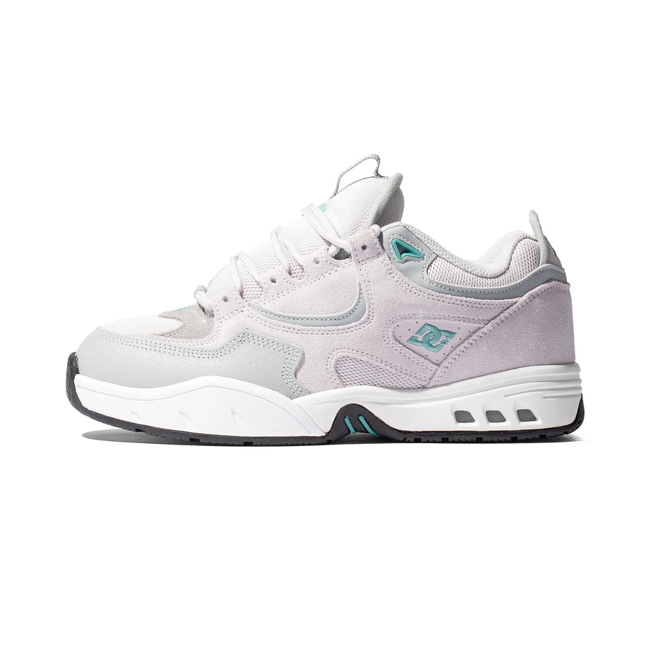 DC Kalis OG shoes in Grey / Grey / Teal, side view showing grey panels, teal details and the white sole.