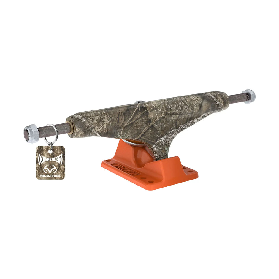 Independent x Realtree Stage 11 Trucks in Camo, angled rear view showing the woodland-pattern hanger and orange baseplate