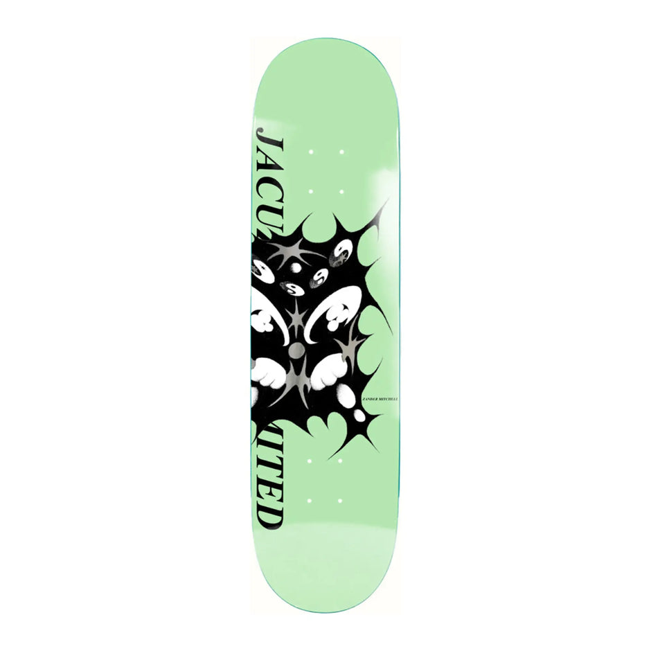Jacuzzi Unlimited Mitchell Flu R7 skateboard deck, pale green underside with a black cluster of illustrated faces.