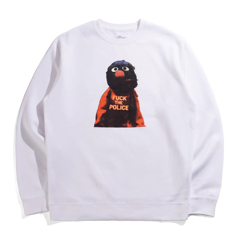 Paradise NYC Fuck The Police Crewneck in Cement, front view with a puppet character graphic.