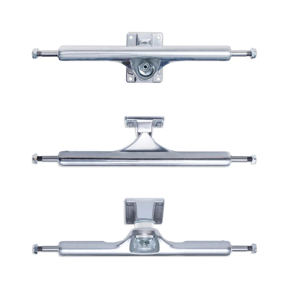 Slappy Trucks ST1 Hollow Trucks in Polished, polished skateboard truck shown from three angles