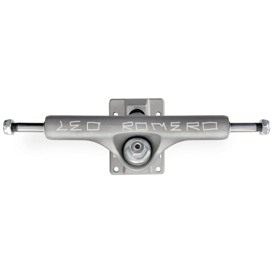 Slappy ST1 Hollow Leo Romero skateboard truck in Raw, top view with LEO ROMERO lettering across the silver hanger.
