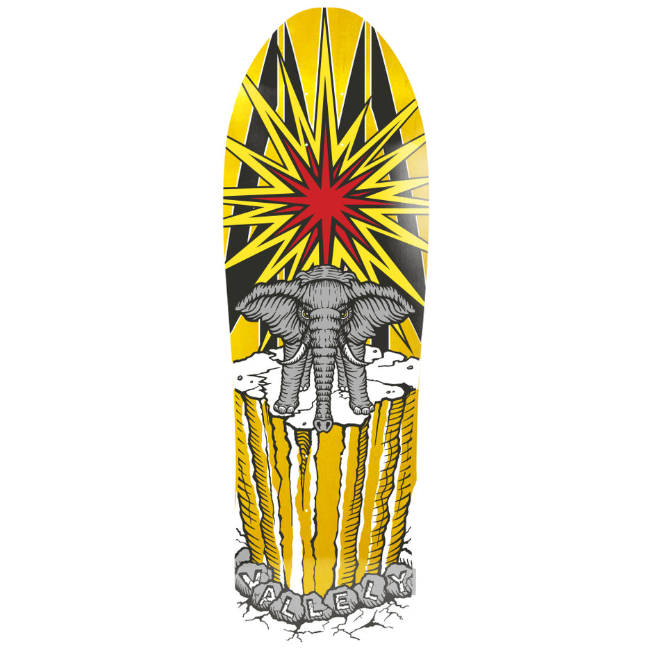 World Industries Mike Vallely Elephant R7 skateboard deck with grey elephant artwork, yellow rays and a red starburst.