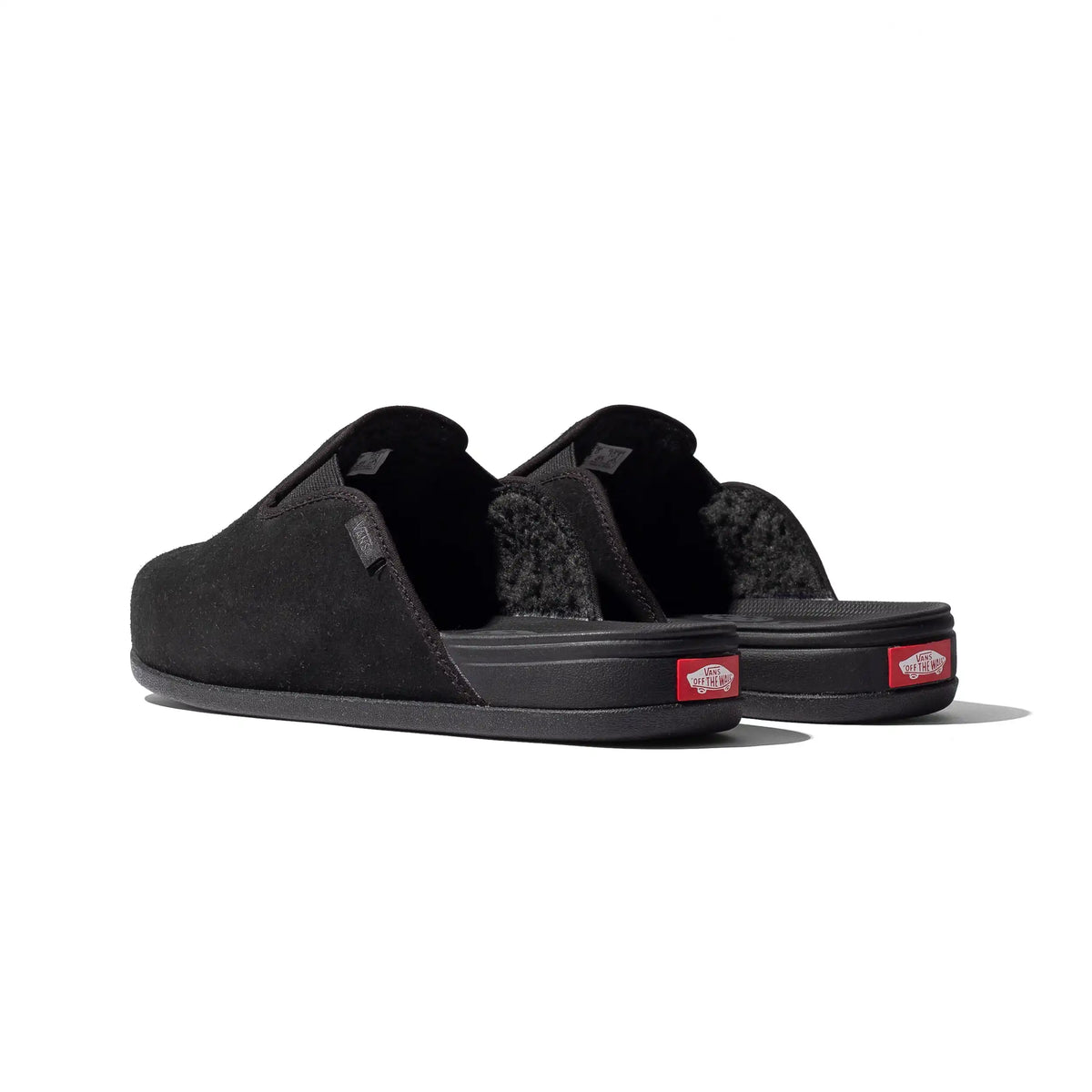 Vans MTE Harbor Mule VR3 in Black, rear angled view showing the open heels and red Vans labels.