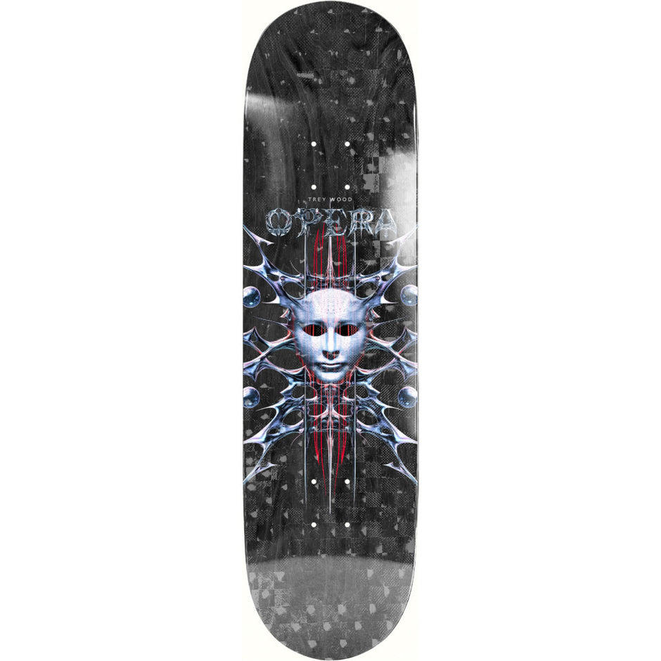 Opera Trey Wood Extrovert R7 skateboard deck with a pale face, blue radiating graphics and red accents on a black background.